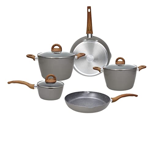 Tognana Natural Love, Set Töpfe und Pfannen, 8-teilig, 2 Pfannen mit 1 Griff 24/28 cm, 1 Kasserolle mit 1 Griff 16 cm, 2 Kasserollen mit 2 Griffen 20/24 cm, 2 Deckel 16/20/24 cm, Aluminium grau von Tognana