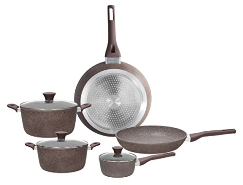 Tognana Royal Rosestone Set Töpfe und Pfannen, 8-teilig, 2 Pfannen mit 1 Griff 24/28 cm, 1 Kasserolle mit 1 Griff 16 cm, 2 Kasserollen mit 2 Griffen 20/24 cm, 2 Deckel 16/20/24 cm, Aluminium, Taube von Tognana