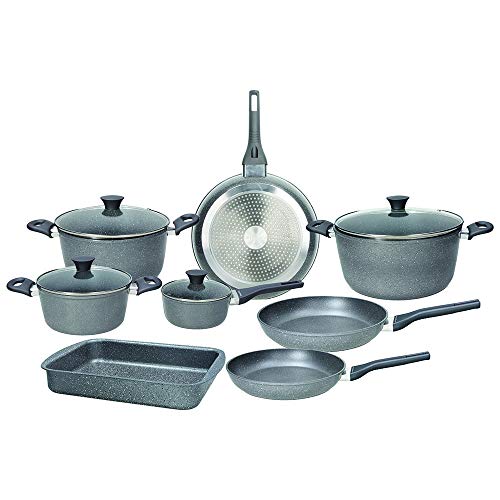 Tognana Phaetra Style Topf- und Pfannen-Set, 3 Pfannen, 4 Töpfe, 4 transparente Deckel, 1 Lasagneform, 12-teilig, Aluminium, Grau von Tognana