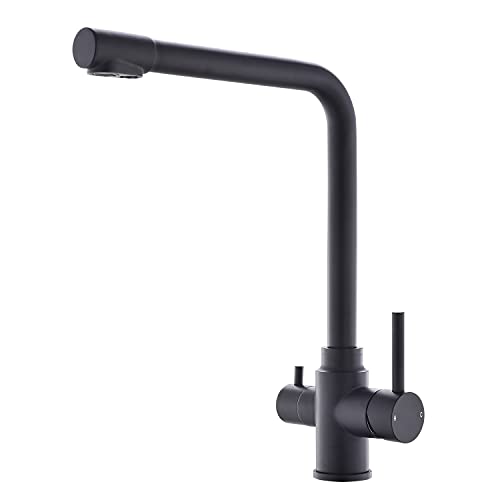 Tohlar 3 Wege Wasserhahn Küche Schwarz, 360° Drehbar Küchenarmatur aus Edelstahl, 3 in 1 Mischbatterie für Wasserfilter, Trinkwasserhahn mit 2 Hebel, Hochdruck, Wasserhahn Küche Schwarz Matt von Tohlar