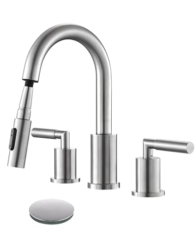 Tohlar Badezimmer-Wasserhahn mit herausziehbarem Sprüher, weit verbreiteter Badezimmer-Wasserhahn, gebürstetes Nickel, 20,3 cm, Waschbeckenarmaturen für 3 Löcher, 2 Griffe, Badezimmer-Wasserhahn Tohlar Badezimmer-Wasserhahn mit herausziehbarem Sprüher, weit verbreiteter Badezimmer-Wasserhahn, gebürstetes Nickel, 20,3 cm, Waschbeckenarmaturen für 3 Löcher, 2 Griffe, Badezimmer-Wasserhahn von Tohlar