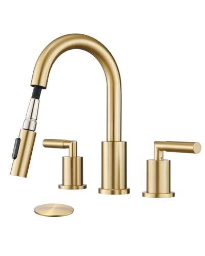 Tohlar Goldfarbener Badezimmer-Wasserhahn mit herausziehbarem Sprüher, weit verbreiteter Badezimmer-Wasserhahn, gebürstetes Gold, 20,3 cm, Badezimmer-Waschbeckenarmaturen für 3 Löcher, 2 Tohlar Goldfarbener Badezimmer-Wasserhahn mit herausziehbarem Sprüher, weit verbreiteter Badezimmer-Wasserhahn, gebürstetes Gold, 20,3 cm, Badezimmer-Waschbeckenarmaturen für 3 Löcher, 2 von Tohlar