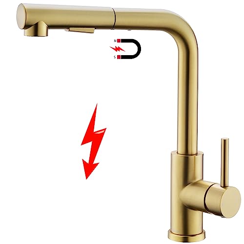 Tohlar Niederdruck Armatur Küche Gold, Goldener Küchenamatur Ausziehbar Niederdruck mit Magnet Brause, Edelstahl Wasserhahn Küche 3 Anschlüsse, 2 Strahlarten Niederdruck Spültischarmatur 360°Drehbar von Tohlar