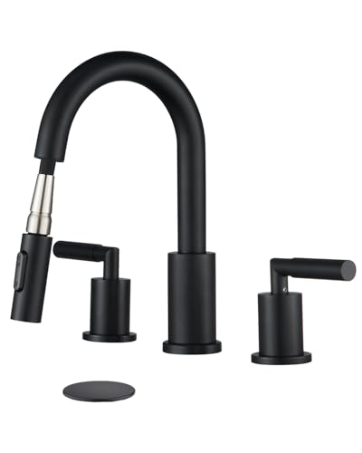Tohlar Schwarzer Badezimmer-Wasserhahn mit herausziehbarem Sprüher, mattschwarz, weit verbreiteter Badezimmer-Wasserhahn, 20,3 cm, Badezimmer-Waschbeckenarmaturen für 3 Löcher, 2 Griff-WC-Wasserhahn Tohlar Schwarzer Badezimmer-Wasserhahn mit herausziehbarem Sprüher, mattschwarz, weit verbreiteter Badezimmer-Wasserhahn, 20,3 cm, Badezimmer-Waschbeckenarmaturen für 3 Löcher, 2 Griff-WC-Wasserhahn von Tohlar