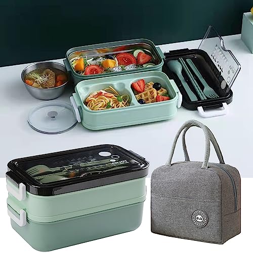 Tohoee 304 Edelstahl Bento Brotdose mit Suppenschalen Lunchbox mit Fächern 2 Lagen Brotdosen mit Gabel Löffel und Isolierung Taschen Geeignet für Büro Picknick Schule Erwachsene von Tohoee