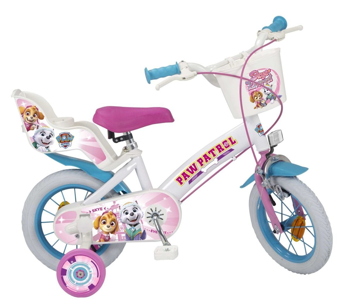 Toimsa Bikes Kinderfahrrad 12 Zoll Kinder Mädchen Fahrrad Mädchenfahrrad Rad Bike Paw Patrol Weiß, 1 Gang, Puppensitz, Korb, Stützräder von Toimsa Bikes