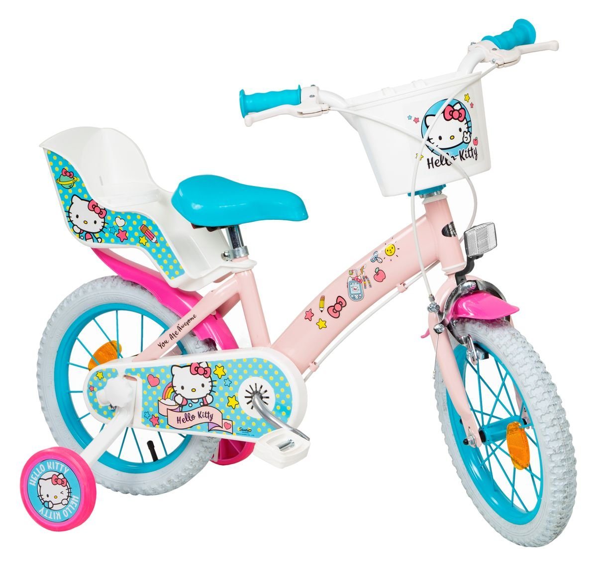 Toimsa Bikes Kinderfahrrad 14 Zoll Kinder Mädchen Fahrrad Kinderfahrrad Rad Bike Hello Kitty 1449, 1 Gang, Puppensitz, Korb, Stützräder von Toimsa Bikes