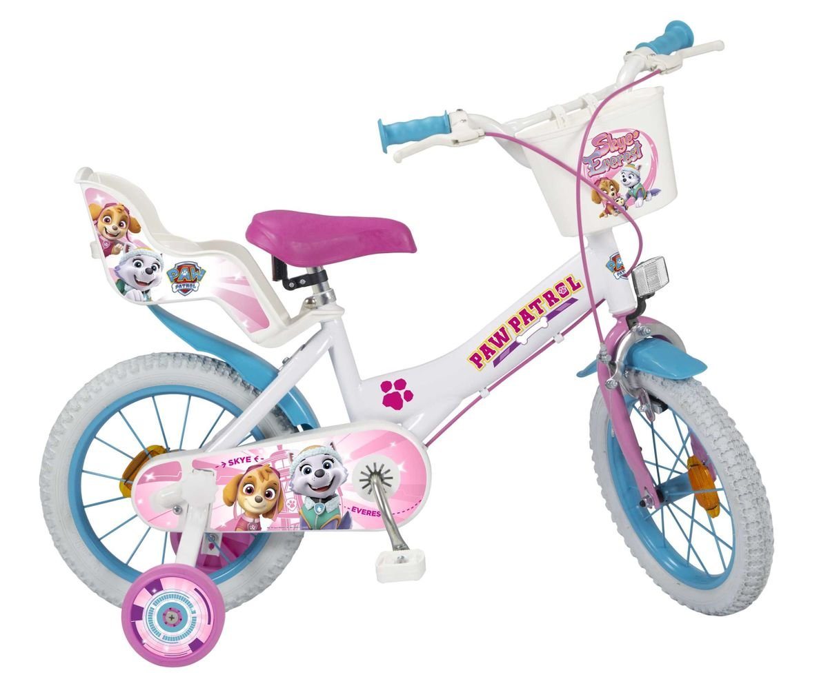 Toimsa Bikes Kinderfahrrad 14 Zoll Kinder Mädchen Fahrrad Mädchenfahrrad Rad Bike Paw Patrol Weiß, 1 Gang, Puppensitz, Korb, Stützräder von Toimsa Bikes