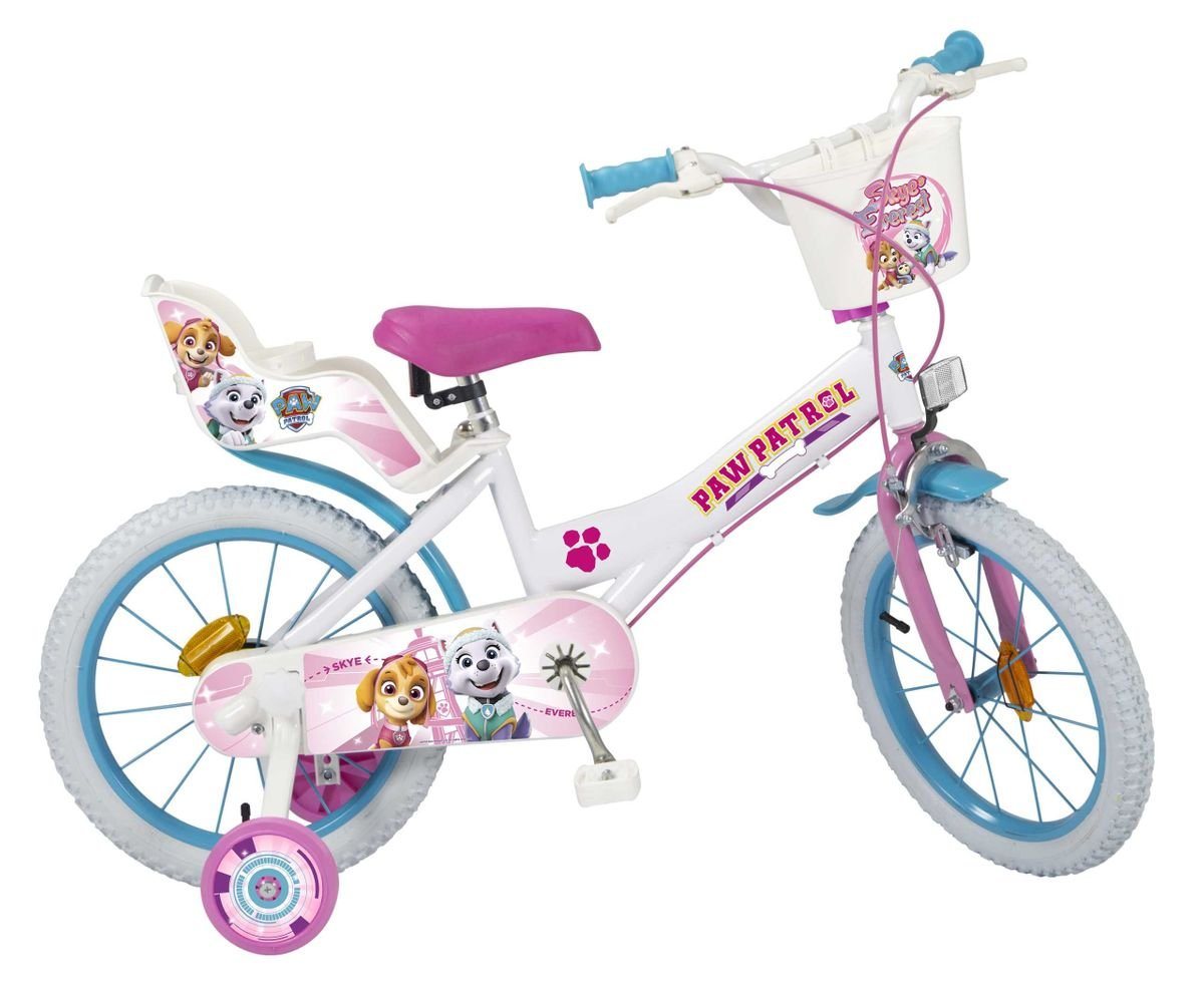 Toimsa Bikes Kinderfahrrad 16 Zoll Kinder Mädchen Fahrrad Mädchenfahrrad Rad Bike Paw Patrol Weiß, 1 Gang, Puppensitz, Korb, Stützräder von Toimsa Bikes