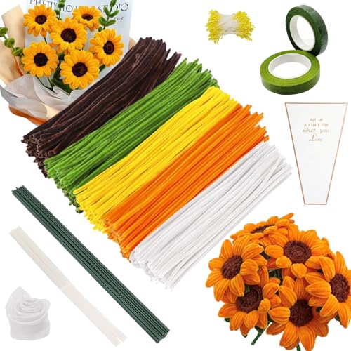 400 Stück Pfeifenreiniger Blumen Set, Pfeifenputzer zum Basteln mit Blumenstiele, Staubgefäße, Blumenband, Weiße Blumentasche, DIY Pfeifenreiniger für Tulpen & Bastelideen(Orange) von Toivize
