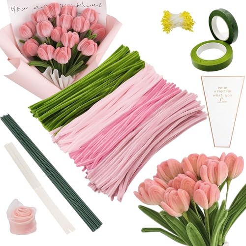 400 Stück Pfeifenreiniger Blumen Set, Pfeifenputzer zum Basteln mit Blumenstiele, Staubgefäße, Blumenband, Weiße Blumentasche, DIY Pfeifenreiniger für Tulpen & Bastelideen(Rosa) von Toivize