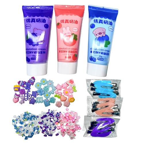 3 Farben Künstlicher Creme-Kleber, Cremefarbene Tonklebstoffe, DIY Creme Kleber, Cute Slime Charms Mixed Set, für Spiegel, Handytasche, DIY Handgemachte Handwerk, Rosa Blau Lila von Tokaneit