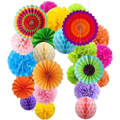 21er Bunt Deko Seidenpapier Pompons, Bunt Seidenpapier Pompons, Papier Fans Fächer und Wabenbälle Dekorpapier Kit, Party Deko Geburtstag Papier Pompoms Fächer Wabenbälle Girlanden von Tokaneit