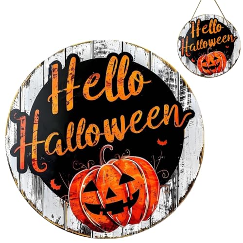 Hello Halloween Rundes Holz Türhänger, Halloween Willkommensschild, Rundes Holzschild Aufhängen, Kürbis, Vintage-Stil, Süßes oder Saures, Party Supplies für Haustür, Veranda, Wand, Dekoartikel von Tokaneit