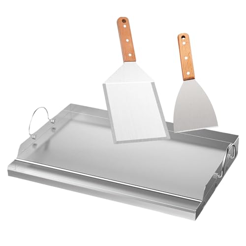 Grillplatte Set, 58 x 40cm Plancha Grillplatte mit Grillspachtel & Grillschaber, BBQ Edelstahl Grillplatte mit Verbrühschutzgriff und Grillspatel mit Buchengriff, für Gasgrill Kohlegrill Grillwagen von Tokenhigh