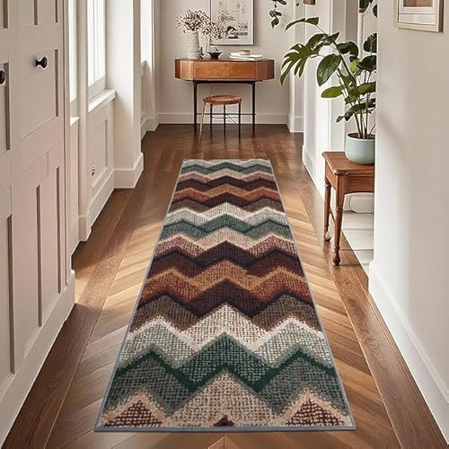 Teppich Läufer Flur, 60x180cm Flurteppich Läufer Lang Rutschfest, Boho Waschbar Küchenteppich, 9mm Dicker Kaschmir-Imitat-Teppich Bunt Zickzack Kurzflor, für Schlafzimmer Wohnzimmer Korridor (Braun) von Tokenhigh