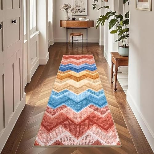 Teppich Läufer Flur, 60x180cm Flurteppich Läufer Lang Rutschfest, Boho Waschbar Küchenteppich, 9mm Dicker Kaschmir-Imitat-Teppich Bunt Zickzack Kurzflor, für Schlafzimmer Wohnzimmer Korridor (Rosa) von Tokenhigh