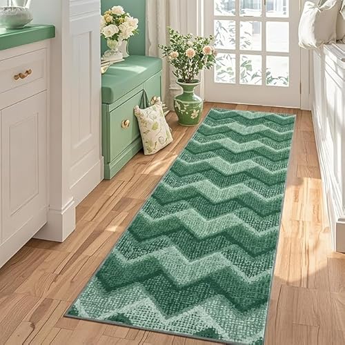 Teppich Läufer Flur, 60x180cm Flurteppich Läufer Lang Rutschfest, Boho Waschbar Küchenteppich, 9mm Dicker Kaschmir-Imitat-Teppich Bunt Zickzack Kurzflor, für Schlafzimmer Wohnzimmer Korridor (Grün) von Tokenhigh