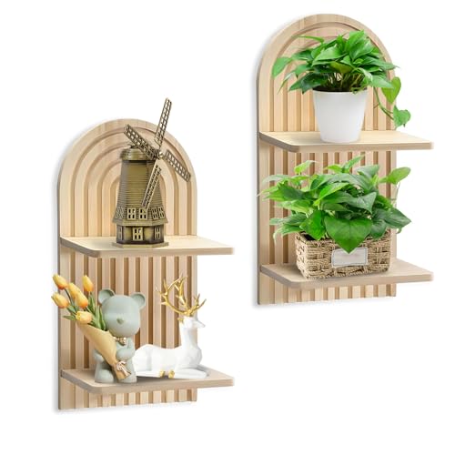 Tokenhigh 2er-Set Boho Regenbogen Wandregal Holz, Boho Wanddeko 2 Stück Holz Wand Regale Deko, Klein Pflanzregal für Schlafzimmer Wohnzimmer (2, halbrund B) von Tokenhigh