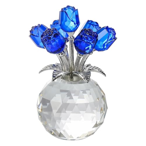 Tokenhigh Kristall-Rosenstrauß-Blumenfigur, Geschenke für sie, Sammlerstück, Blumenglasornamente mit runder Vase, romantisch für Party (blau) von Tokenhigh