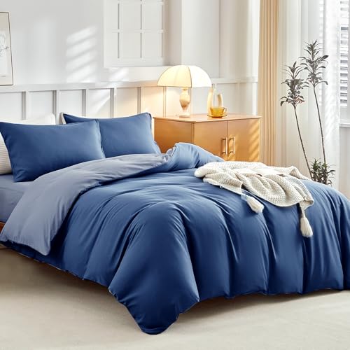 Tokokimo 4-teiliges Bettwäsche-Set für King-Size-Betten – Dunkelblau, ultraweiche Mikrofaser, blaue Bettwäsche mit Kissenbezügen und tiefem Spannbetttuch (40 cm Matratzentiefe von Tokokimo