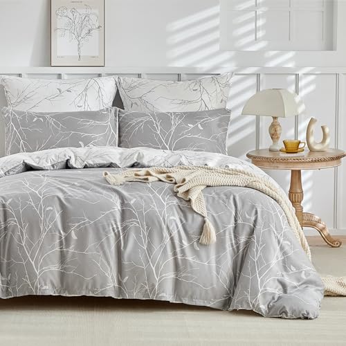 Tokokimo Bettbezug 200x200 mit 2 Kissenbezüge 50x75cm Wendbar Zweige Motiv Bettbezug Set 200x200 Erwachsene - 100% Mikrofaser Bettbezug mit Reißverschluss, Grau Weiß von Tokokimo