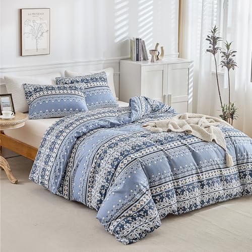 Tokokimo Bettbezug 220x240 mit 2 Kissenbezügen 65x65 cm - Geometrisches Design im Boho Style - Bettwäsche 220x240 Erwachsene cm - Bettbezug mit Reißverschluss, Indigo (Motiv Beige) von Tokokimo