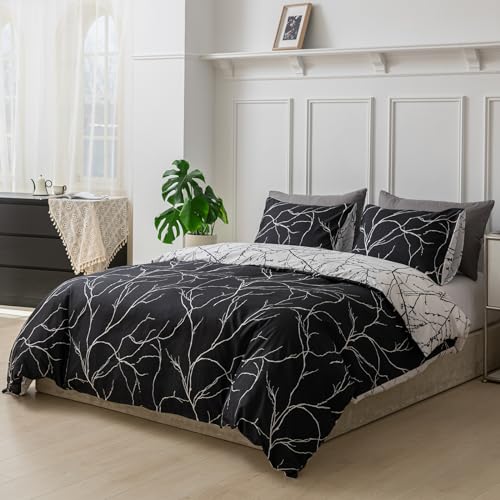 Tokokimo Bettwäsche-Set für Doppelbett, Motiv: Botanische Zweige, wendbar, Doppel-Bettwäsche-Set (1 x Bettbezug, 2 x Kissenbezüge), weiche Mikrofaser, schwarz, 200 x 200 cm von Tokokimo