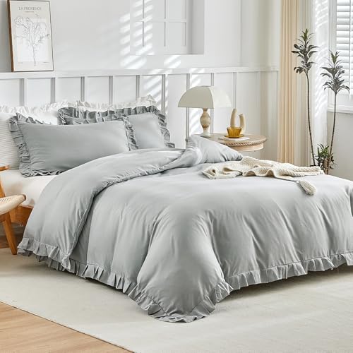 Tokokimo Bettwäsche-Set für Doppelbett 240 x 220 cm, 3-teiliges Bettwäsche-Set aus Mikrofaser mit Volant, bestehend aus 1 Bettbezug 240 x 220 cm + 2 Kissenbezüge 50 x 80 cm, Grau von Tokokimo