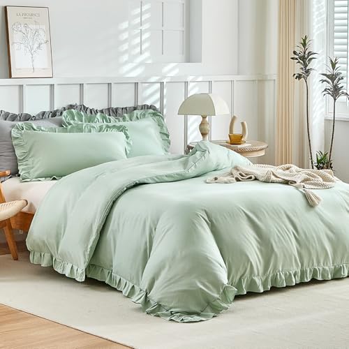 Tokokimo Bettwäsche-Set für Doppelbett 240 x 220 cm, 3-teiliges Bettwäsche-Set aus Mikrofaser mit Volant, bestehend aus 1 Bettbezug 240 x 220 cm + 2 Kissenbezüge 50 x 80 cm, Salbeigrün von Tokokimo
