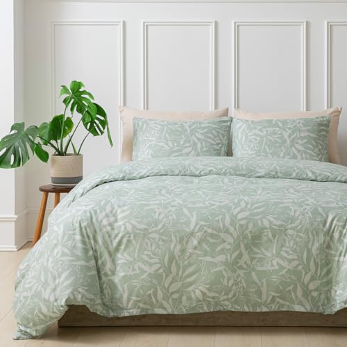 Tokokimo Bettwäsche-Set für Doppelbett 240 x 220 cm, 3-teiliges Bettwäsche-Set aus Mikrofaser mit Zweig- und Blättermuster, bestehend aus 1 Bettbezug 240 x 220 cm + 2 Kissenbezüge 50 x 80 cm, Hellgrün von Tokokimo