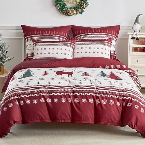 Tokokimo Rotes Weihnachts-Bettwäsche-Set für Doppelbett, Karomuster, Motiv: Weihnachtsbaum, Schneeflocke, Doppelbett-Bettwäsche-Set (1 x Bettbezug + 2 x Kissenbezüge), roter Weihnachts-Bettbezug für von Tokokimo