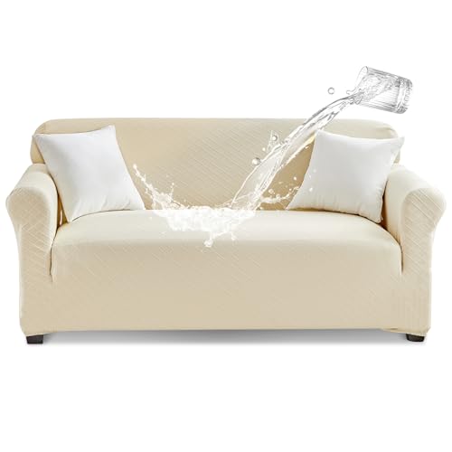 Tokokimo Stretch Wasserdicht Sofabezug 2 Sitzer Spandex Jacquard Elastische Couchbezug mit Anti-Rutsch-Schaumstoffe für Hunde & Haustier, Universeller Sofaschoner Waschbar Sofahusse, Beige von Tokokimo