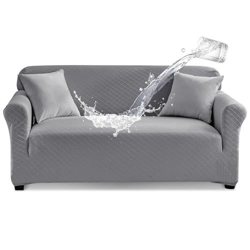Tokokimo Stretch Wasserdicht Sofabezug 2 Sitzer Spandex Jacquard Elastische Couchbezug mit Anti-Rutsch-Schaumstoffe für Hunde & Haustier, Universeller Sofaschoner Waschbar Sofahusse, Grau von Tokokimo