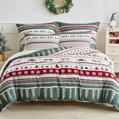 Tokokimo Weihnachts-Bettbezug-Set für Doppelbett, rot-grünes Bettwäsche-Set, Motiv: Weihnachtsbaum, weiches Mikrofaser-Doppelbett-Bettwäsche-Set (1 x Bettbezug + 2 x Kissenbezüge), Rot/Grün von Tokokimo