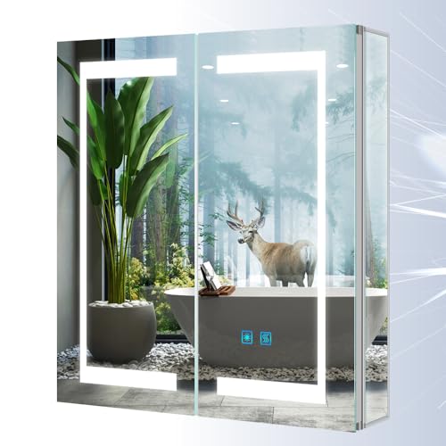 Tokvon® Gemini Spiegelschrank Bad mit Beleuchtung 2 türig spiegelschrank led Wandschrank Licht Aluminium Antibeschlag Rasier Steckdose Touch-Schalter Helligkeit Dimmbar IP44 für Bad 63x65cm von Tokvon