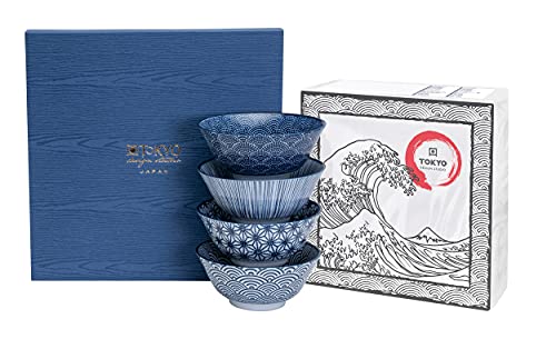 TOKYO design studio Nippon Blue 4-er Schalen-Set blau-weiß, Ø 15 cm, ca. 500 ml, asiatisches Porzellan, Japanisches Design mit blauen Mustern, inkl. Geschenk-Verpackung von TOKYO design studio