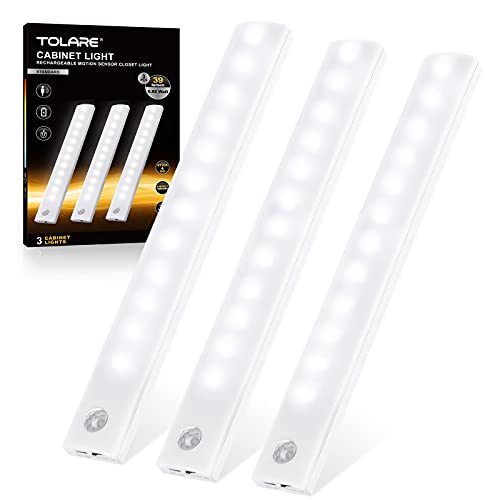 Tolare LED Sensor Licht 12 LED, 3 Stück LED Schrankbeleuchtung mit Bewegungsmelder+Magnetstreifen, Auto/ON/OFF, Wiederaufladbar Schranklicht für Küche,Kleiderschrank,Treppe,Schublade,Flur - Weiß von Tolare