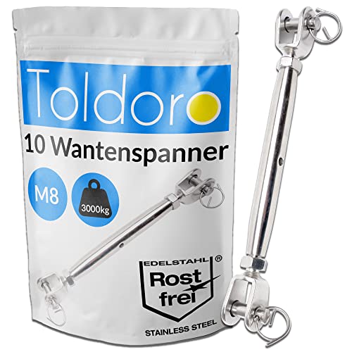 Toldoro® 10x M8 Wantenspanner Edelstahl rostfrei V4A / Sonnensegel Spanner, Spannschloss, Seilspanner, Drahtspanner Gabel als Sonnensegel Zubehör/geschlossene Form von Toldoro