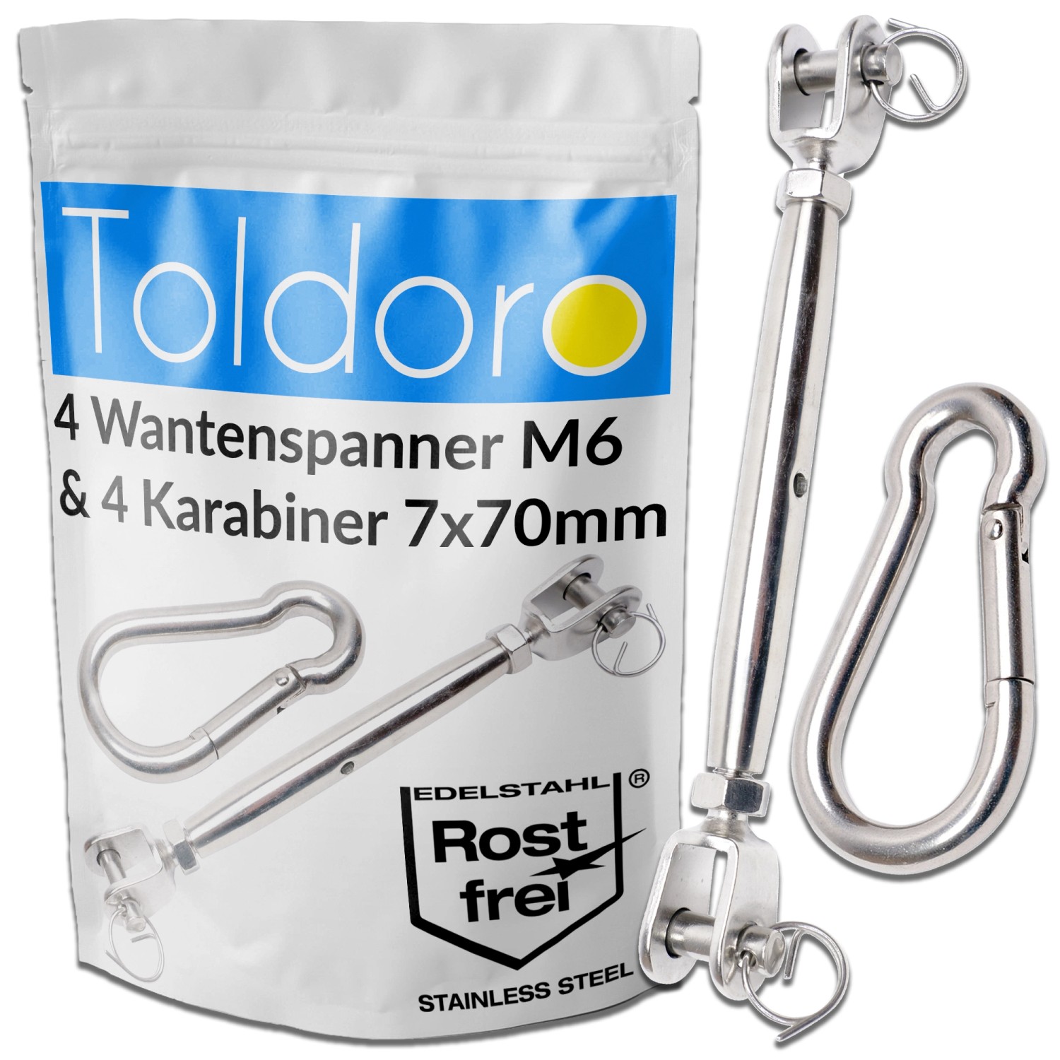 Toldoro 4 Sonnensegelspanner M6 & 4 Karabiner 70mm Wantenspanner Karabinerhaken Edelstahl Seilspanner für Sonnensegel Toldoro 4 Sonnensegelspanner M6 & 4 Karabiner 70mm Wantenspanner Karabinerhaken Edelstahl Seilspanner für Sonnensegel von Toldoro