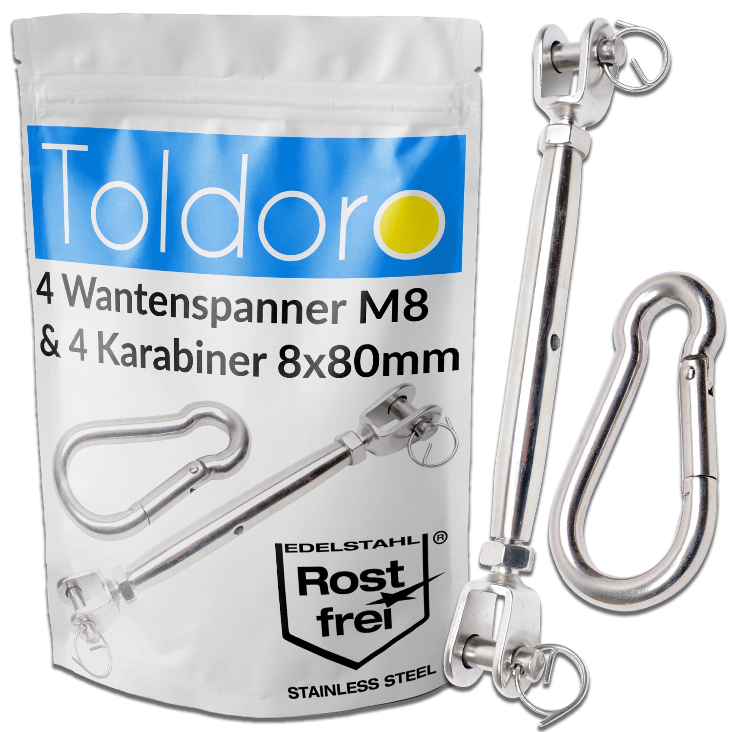 Toldoro 4 Sonnensegelspanner M8 & 4 Karabiner 80mm Wantenspanner Karabinerhaken Edelstahl Seilspanner für Sonnensegel Toldoro 4 Sonnensegelspanner M8 & 4 Karabiner 80mm Wantenspanner Karabinerhaken Edelstahl Seilspanner für Sonnensegel von Toldoro