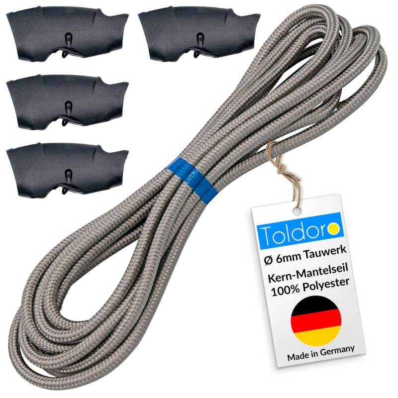 Toldoro Tauwerk Ø 6mm Grau 10m mit 4 Seilklemmen Sonnensegel Seil Aus Polyester mit Reißlast von 800kg Spannseil für Sonnensegel &Flaggen von Toldoro