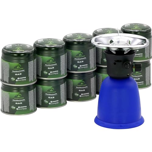 CAMPLORA Gaskocher mit 10 Gaskartuschen und Piezozündung für Stechgaskartuschen 190g EN417, Camping kocher gas, Campingkocher mit Gaskartusche 1 flammig mini gas stove, Gaskocher, Gasherd,stove von Camplora