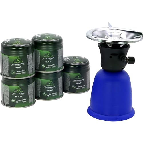 CAMPLORA Gaskocher mit 5 Gaskartuschen und Piezozündung für Stechgaskartuschen 190g EN417, Camping kocher gas, Campingkocher mit Gaskartusche 1 flammig mini gas stove, Gaskocher, Gasherd,stove von Camplora