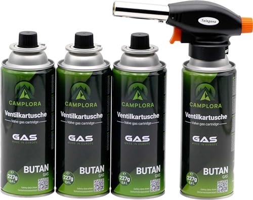 CAMPLORA Gasbrenner + 4 MSF-1a Gaskartuschen 227g - Piezo-Zündung - 1 kW - Lötbrenner Lötlampe Bunsenbrenner Küche und Werkstatt Brenneraufsatz Flambierbrenner gas brenner Gasbrenner mit Kartusche von Camplora