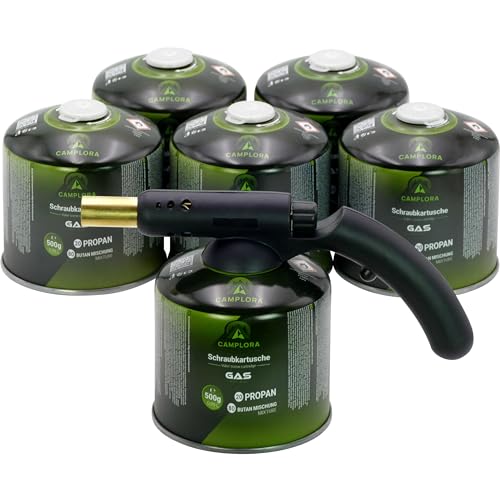 CAMPLORA Gasbrenner mit 6 Schraubgaskartuschen mit Piezo-Zündung Lötbrenner Lötlampe Bunsenbrenner Brenneraufsatz Schraubventil EN417 Brenner mit Gewinde schraubbar Küche Werkstatt von Camplora