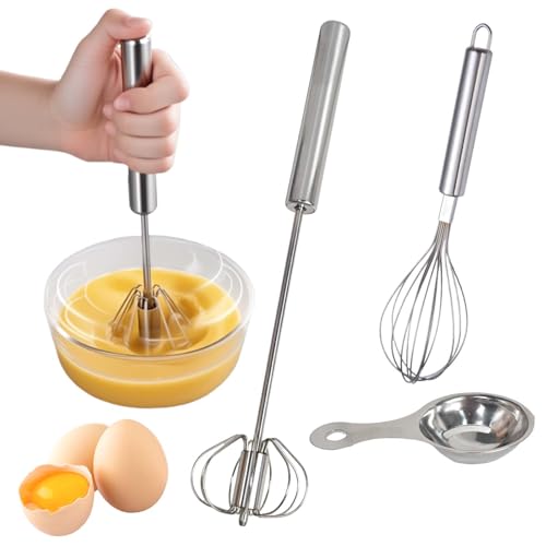 3 Stück Schneebesen Set,Halbautomatischer Schneebesen, Multifunktionaler Schneebesen Edelstahl & Eiertrenner, Quirl Küche zum Kochen und Backen, Handmixer ohne Strom von Tolenre