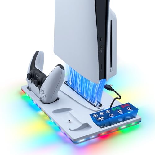 Tolesum Vertikale Standfuß mit Kühlung für PS5/Pro/Slim, Dual Controller Ladestation Ständer mit 3 Stufen Lüfter/RGB Licht für Playstation 5 UHD& Digital /PS5 Slim Disc & Digital Tolesum Vertikale Standfuß mit Kühlung für PS5/Pro/Slim, Dual Controller Ladestation Ständer mit 3 Stufen Lüfter/RGB Licht für Playstation 5 UHD& Digital /PS5 Slim Disc & Digital von Tolesum