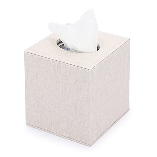 TOLIDA Taschentuchbox Quadratisch Würfel Kosmetiktücherbox PU Kunstleder Papiertaschentuchbox Leinen Beige Taschentuchhalter 13x13x14cm Tissue Box für Esszimmer Wohnzimmer Schlafzimmer Auto Büro Hotel von TOLIDA