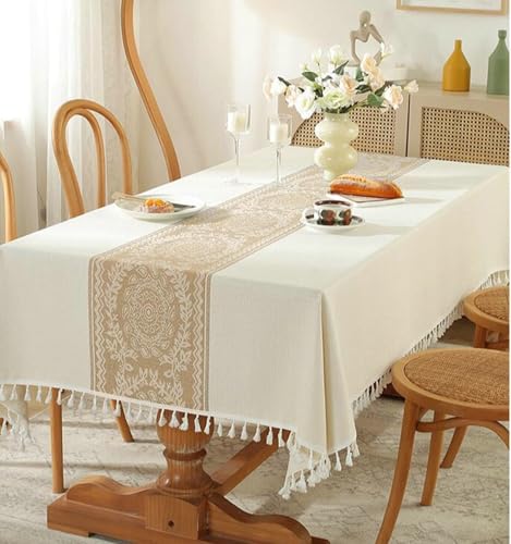 Tolldek 140x220cm Tischtuch Kaffee, Rechteckig Tischdecken Blumen Gestickt mit Quaste Baumwolle Leinen, Tisch Deko Garten Zimmer Tischdekoration für Garten von Tolldek